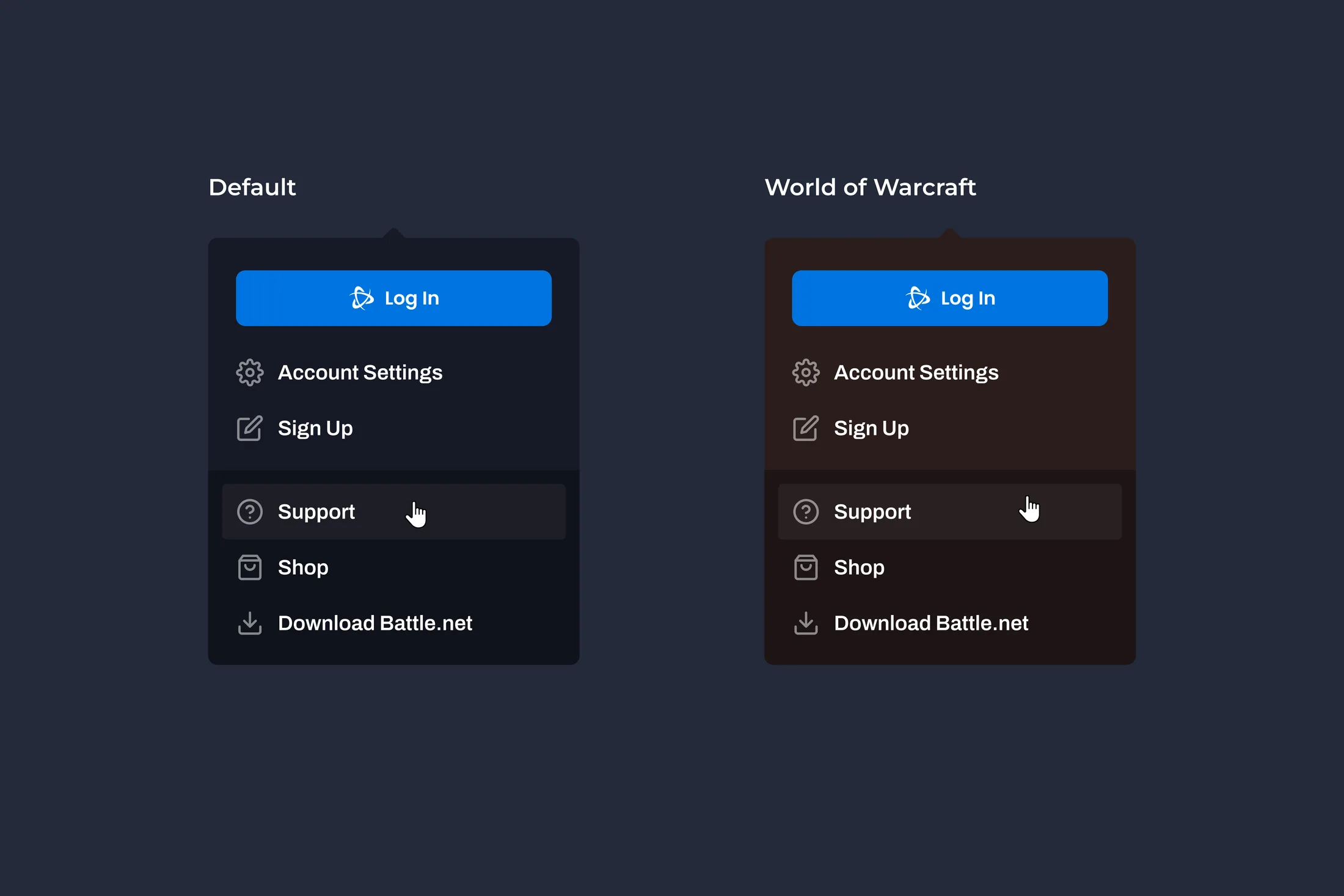 Default and World of Warcraft themed account dropdown menus